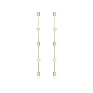 Pearl and Crystal Linear Earrings – 18K Gold Plated Long Drop Earrings with Freshwater Pearls & Crystal Sparkle, Elegant Statement Jewelry for Women