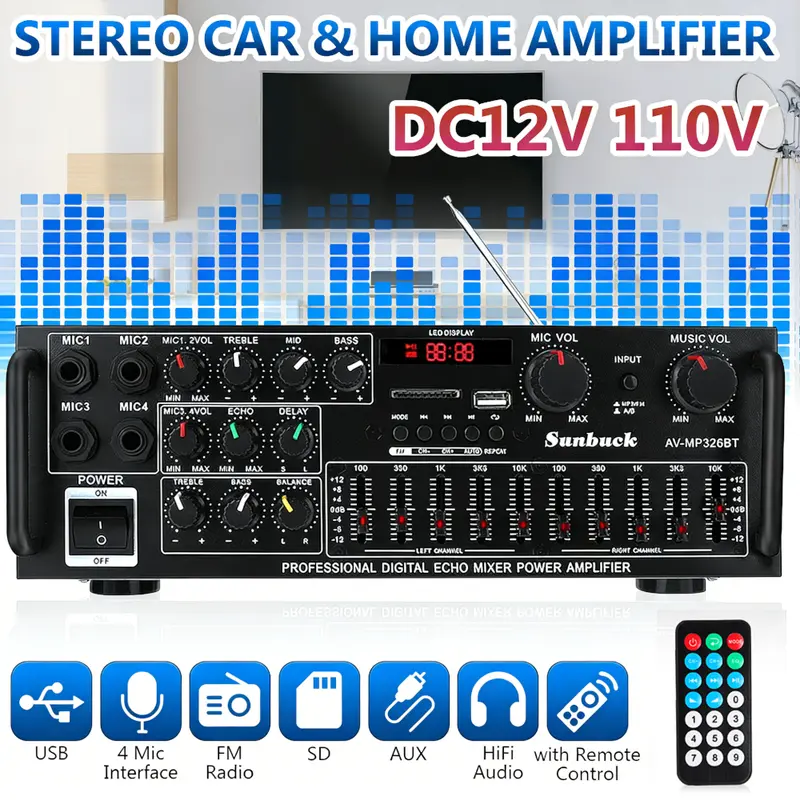 Compact HiFi Stereo Power Audio Amplifier Mixer - 400W Output, Bluetooth 5.0, Remote Control, 4-Mic Party Setup, Mic Mixing, 2.0 Channel, FM, USB, SD, AUX, Echo, 110V/12V Power, Line Output for Home/Karaoke Use (Car Electronics Compatible), Dc 12V Cars