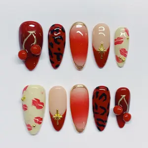 [WildKiss] Medium Almond Handmade Press on Nails, Fake Nails with Nail tool kit with Jelly Stickers, Reusable, Durable