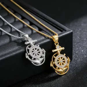 Hip Hop Titanium Steel Nautical Anchor  Ship Wheel Pendant Necklace with Crystal Bling Streetwear Statement Chain for Rappers  Urban Fashion