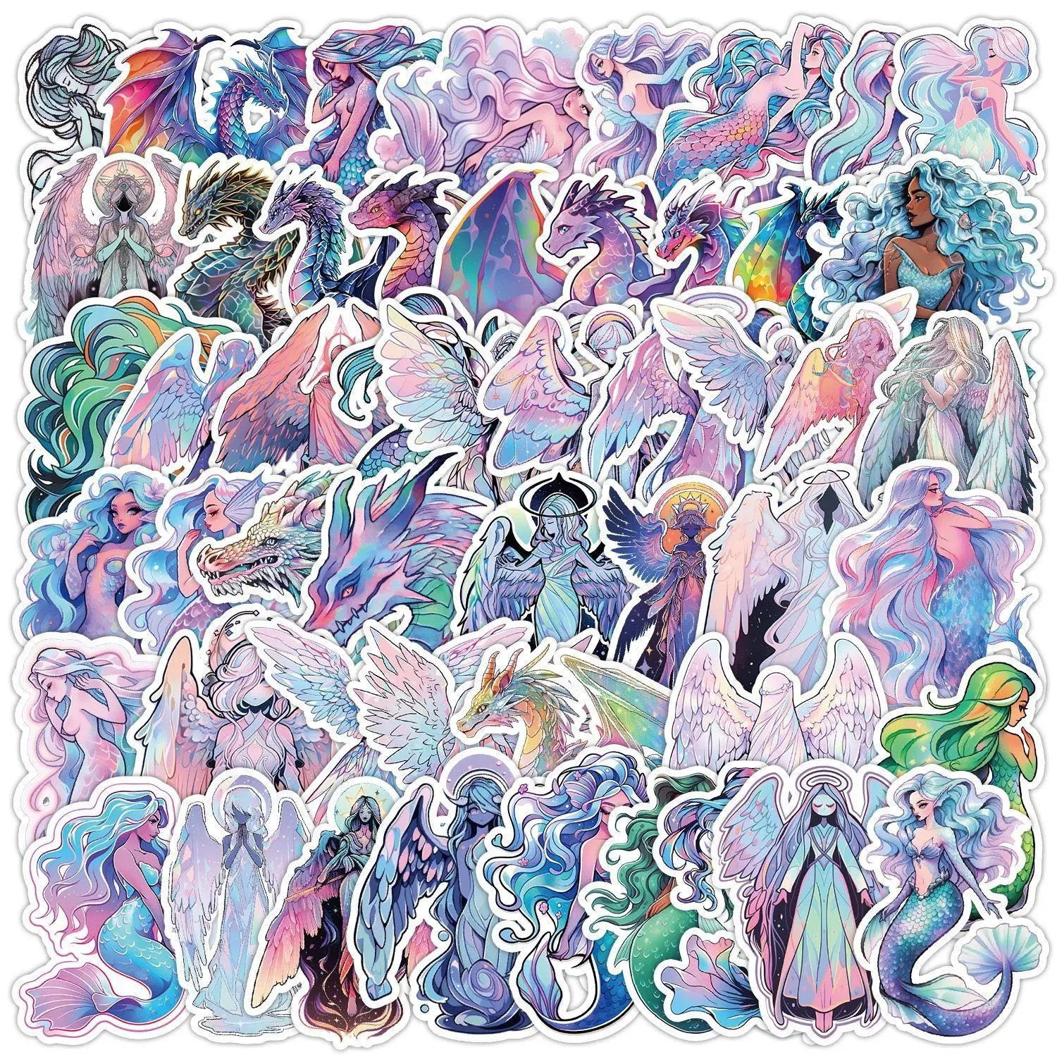 Mermaid & Angel Pattern Holographic Sticker, 50pcs/set Waterproof Self Adhesive Decor Paper, Decor Sticker for Gift Greeting Card Water Bottle Laptop Phone, Cover