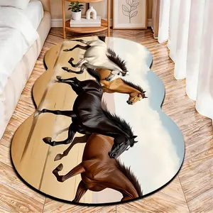 2D Flat velvet irregular rug with galloping horses illustration pattern, machine washable non-slip carpet for bedroom, all seasons & holiday decor, durable & easy to clean.