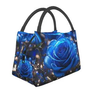 lunch box for women，lunch bag, reusable portable insulation bag, insulation bag,blue rose pattern, suitable for outdoor camping, work, school, fitness