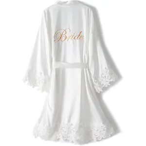 women's Lace Trim Bride Kimono Robes with Embroidery Bridal Silky Satin Bathrobe Wedding Party Sleepwear