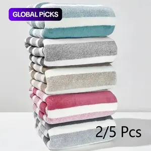 Striped Pattern Bath Towel Sets, Premium Towel Set, 2/5 Counts/set Soft Absorbent Microfiber Blanket Towel, Quick Drying Towel for Bathroom, Hotel, Salon, Spa, Gym, Home Goods #GLOBAL PICKS
