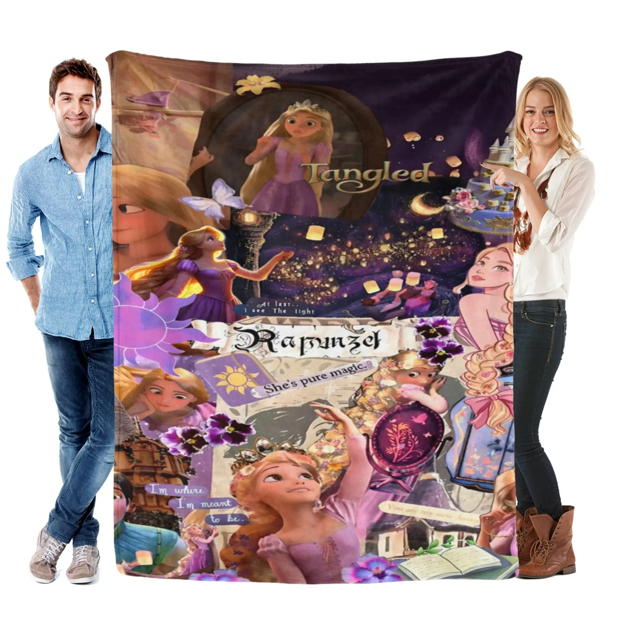 Disney Princess Rapunzel Flannel Fleece Blanket - Purple 2D Scrapbook Print, Cute Design, Soft Texture, Indoor Room Decor, Cozy Setup, Watch Party Essential, Princess Magic Bedding Throw