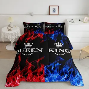 and Crown Designer Comforter Set,Modern Chic Luxury Bedding Set,  Red Blue Flame Microfiber Quilt, Valentines Day Gift Decorative Bedroom Duvet Insert