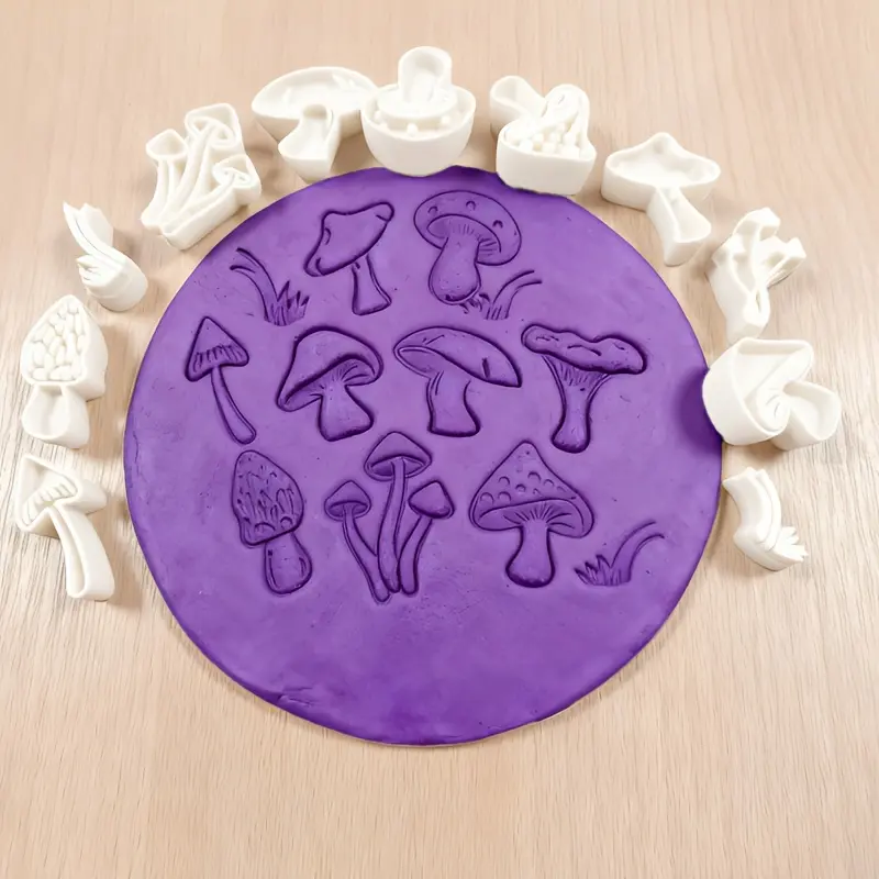 12pcs Durable White Plastic Mushroom Pattern Stamp Tools, Used for Stamps on Ceramic Clay, Pottery, and Other Materials, Clay Stamp Set, DIY Mushroom Stamp Tools with Various Mushroom Pattern Molds for Handicrafts Decor Kit