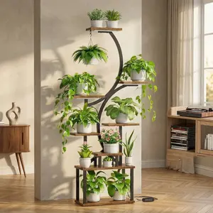 S-Shaped Decorative Plant Stand With Grow Light, 8 Tier 62 Inch Tall Corner Plant Shelf ForIndoor Plants, Multi-Functional Stand For Living Room Home Decor