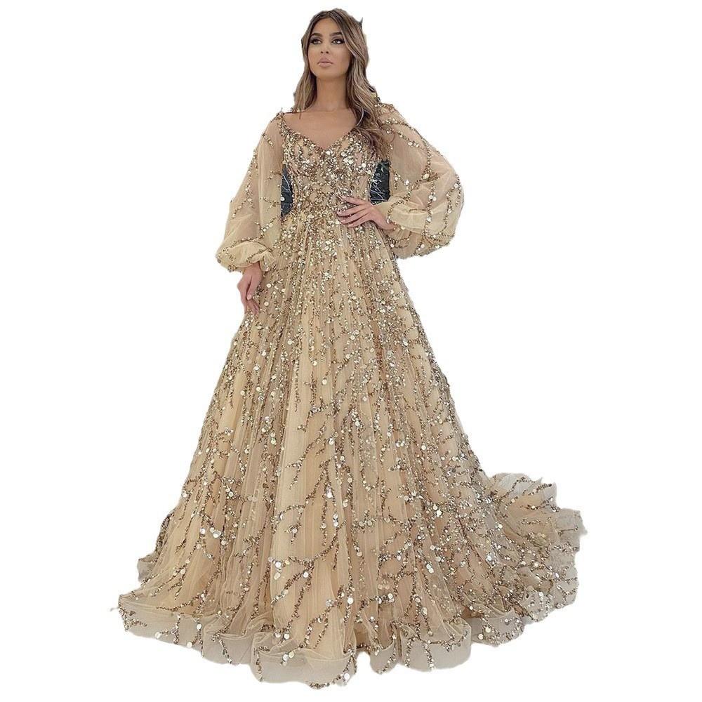 Women’s Gold Beaded Evening Gown, Luxury Sequin Long Sleeve Maxi Dress with Puff Sleeves, Elegant Formal Ball Gown for Wedding, Gala, Prom, Banquet, Stage Performance and Special Events S-3XL