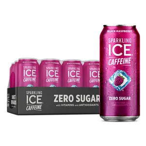 Sparkling Ice +Caffeine Black Raspberry Sparkling Water, with Antioxidants and Vitamins, Zero Sugar, 16 fl oz Cans (Pack of 12) Beverage Natural