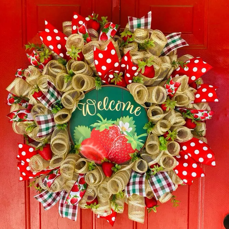 Spring Summer Welcome Strawberry Wreath with "Welcome" Design, Red and White Patterns, and Natural Wreath Elements