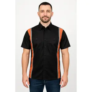 Milwaukee Motorcycle Clothing Co. Men's Classic Black & Orange Button-Up Mechanic Shirt w/ Reflective Stripe Fitted Short Sleeve Casual Summer Work Shirt Menswear Biker Cotton - Fabric