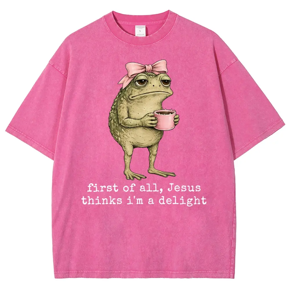 Men's Washed Graphic T-Shirt, Funny 'Jesus Thinks I'm a Delight' Frog Print, 100% Cotton Oversize Short Sleeve Round Neck Tee, Streetwear, Shortsleeve, Unisex, Tshirt, Fabric, Menswear, Casual, Frog Graphic