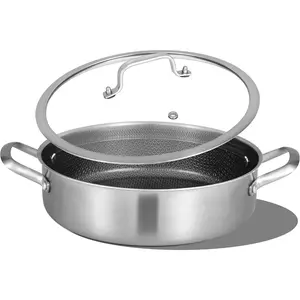 6 QT Hybrid Tri-Ply Stainless Steel Non Stick Saute Pan with Lid,12 Inch Induction Deep Frying Pan,Large Skillet,Brazier,Dishwasher and Oven Safe
