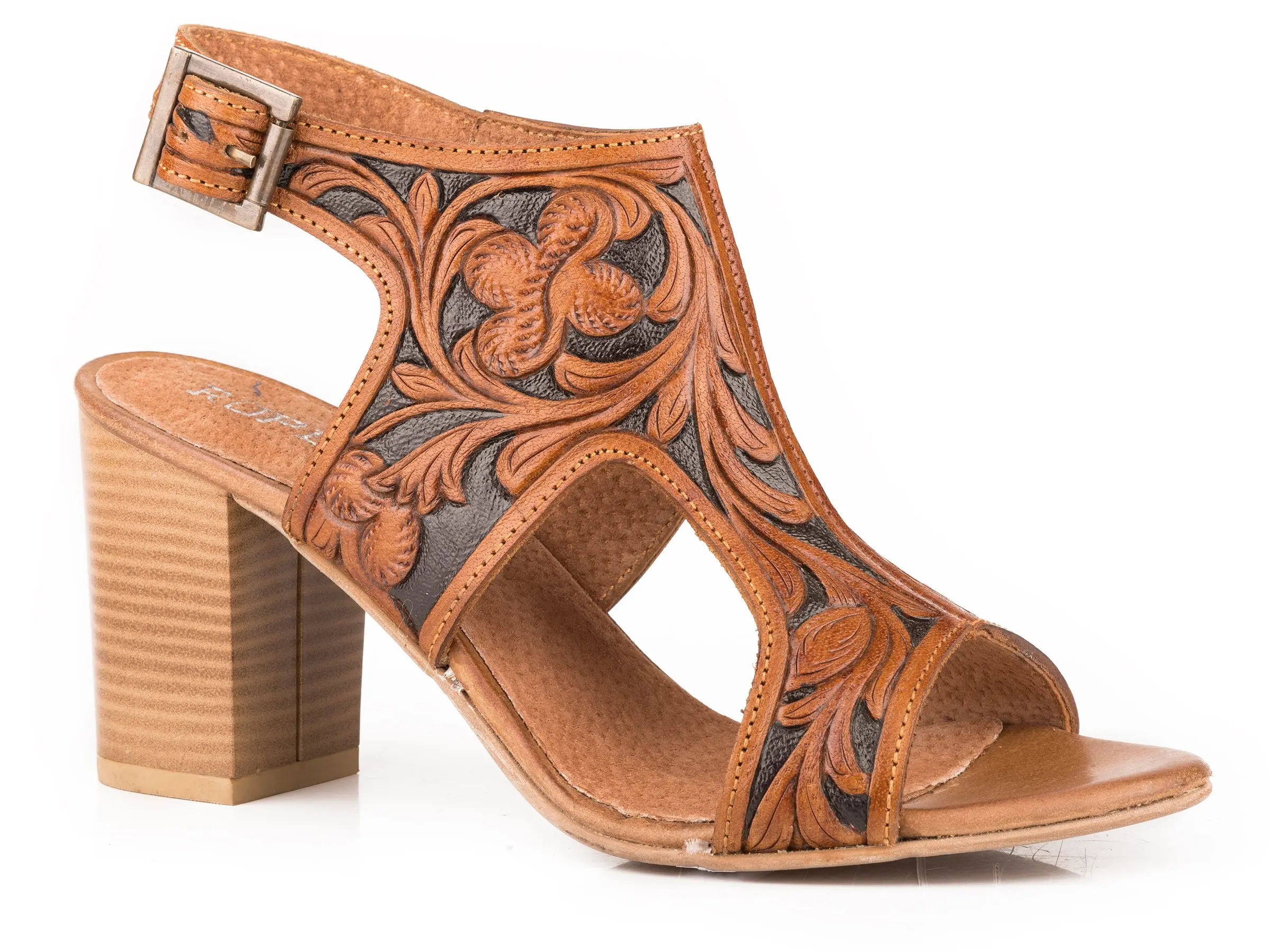 Womens Tan Floral Tooled Leather Fashion Open Toe Sandal