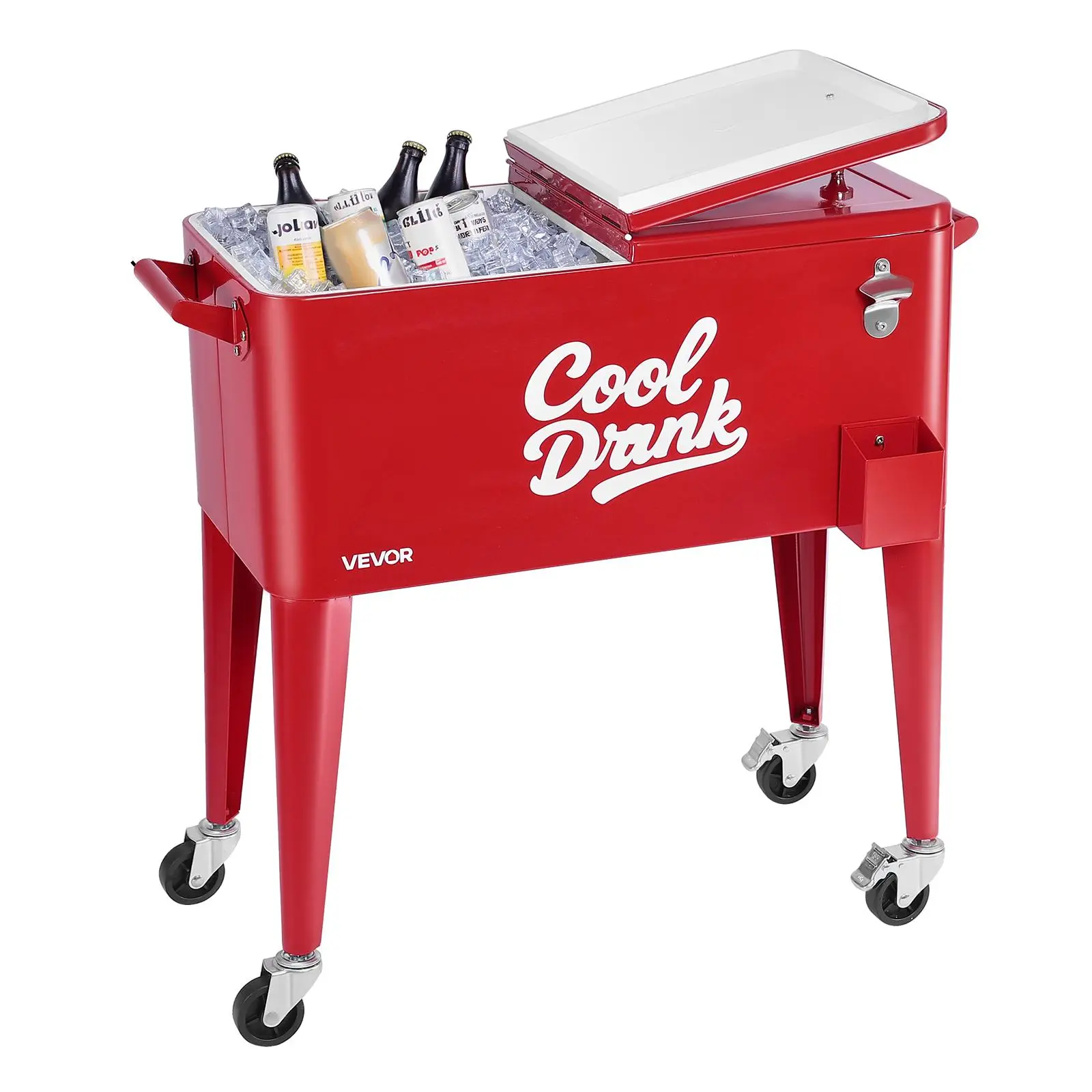 VEVOR 80 Quart Rolling Ice Chest,  Holds up to 50 Bottles / 110 Cans, Portable Patio Party Bar Drink Cooler Cart with 4 Swivel Casters (2 with Brakes), Beverage Cooler Trolley with Bottle Opener, Red