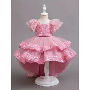 Elegant Princess Sequin Tulle Dress for Girls - Sparkling Pink A-Line Cake Party Gown with Ruffled Sleeves, Perfect for Youngsters' Birthday & Performance Celebrations, Youngsters Party Attire|Princess Theme|Shiny Fabric, Princess Party Dress