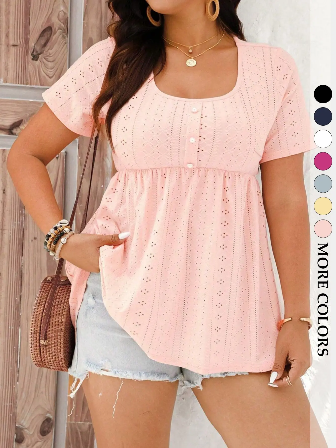 Boho Style Summer Top, Bohemian Inspired Women's Plus Size Fitted Babydoll Shirt, Lace Cutout Short Sleeve Round Neck Pearl Button Casual Chic Blouse