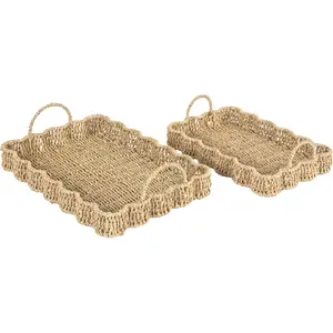 Woven Seagrass Scalloped Trays, Set of 2, Natural
