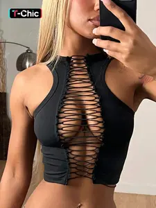 Women's Solid Color Lace Up  Crop Short Tank Top, Fashion Casual Sleeveless Top for Daily Outdoor Wear, Ladies Clothes for Summer, Womenswear