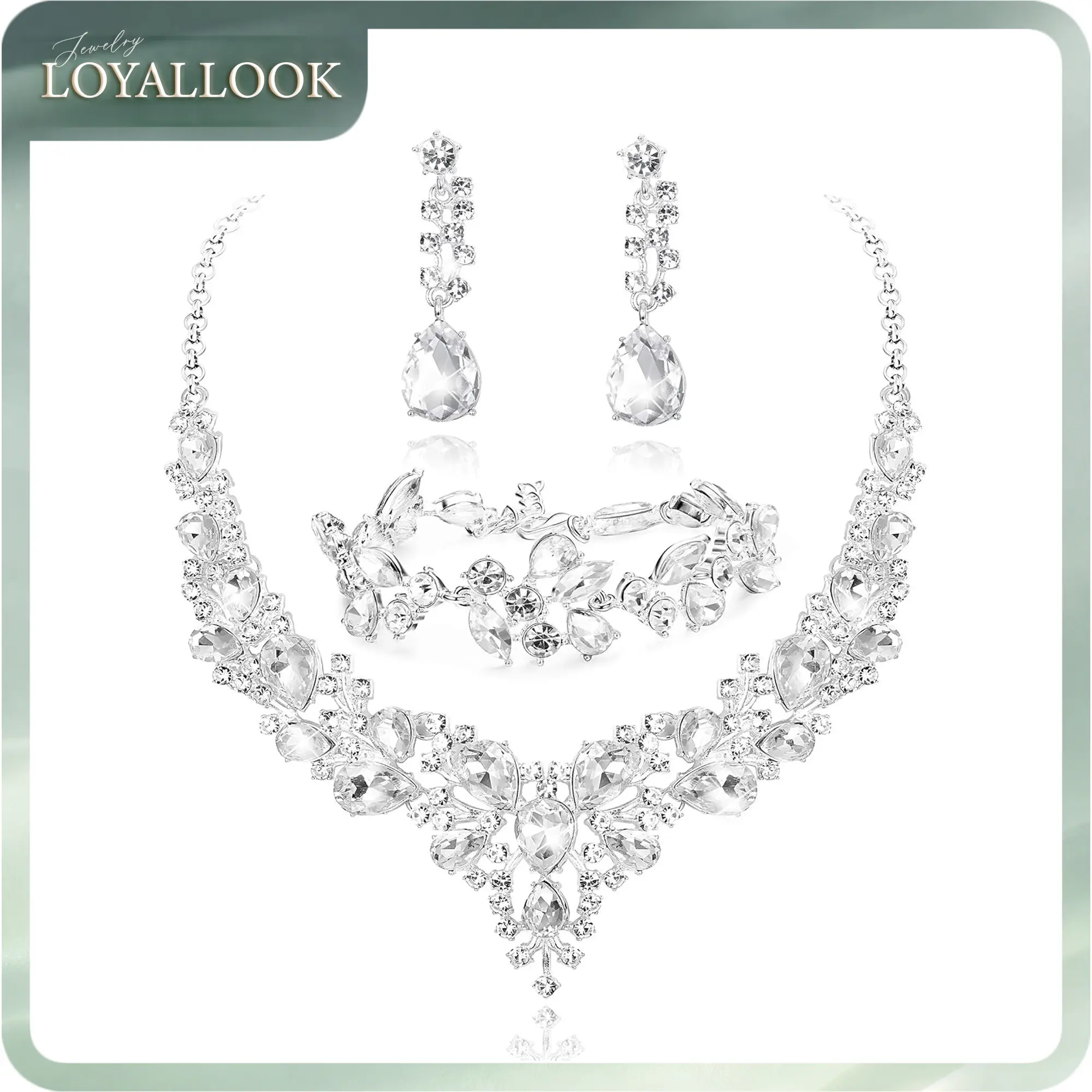 LOYALLOOK Crystal Bridal Jewelry Set for Women Rhinestone Necklace Earrings Bracelet Wedding Bridesmaid Gifts fit with Wedding Dress