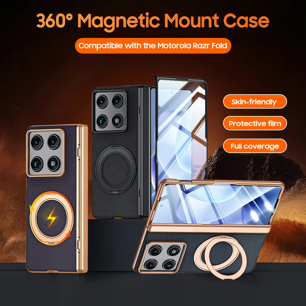 BSNRM For Motorola Razr Fold(2026) Case, Magnetic Ring Stand Case with Hinge Protection, Screen Protector, Faux Leather Shockproof Phone Cover