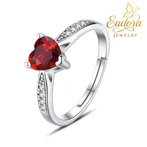 Eudora 925 Sterling Silver Heart Birthstone Ring Adjustable Cubic Zirconia Promise Jewelry for Women Heartfelt Birthday Gift