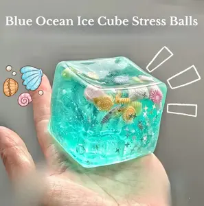 Summer Vibes Jelly Squishy Cube, Transparent Glitter Stress Ball, Slow Rising Fidget Toy for Anxiety & Summer Fun   Cute Ocean Sensory Toy for Kids Adults, Non-Toxic Soft Squeeze Toy, Summer Essentials for Travel Beach Office