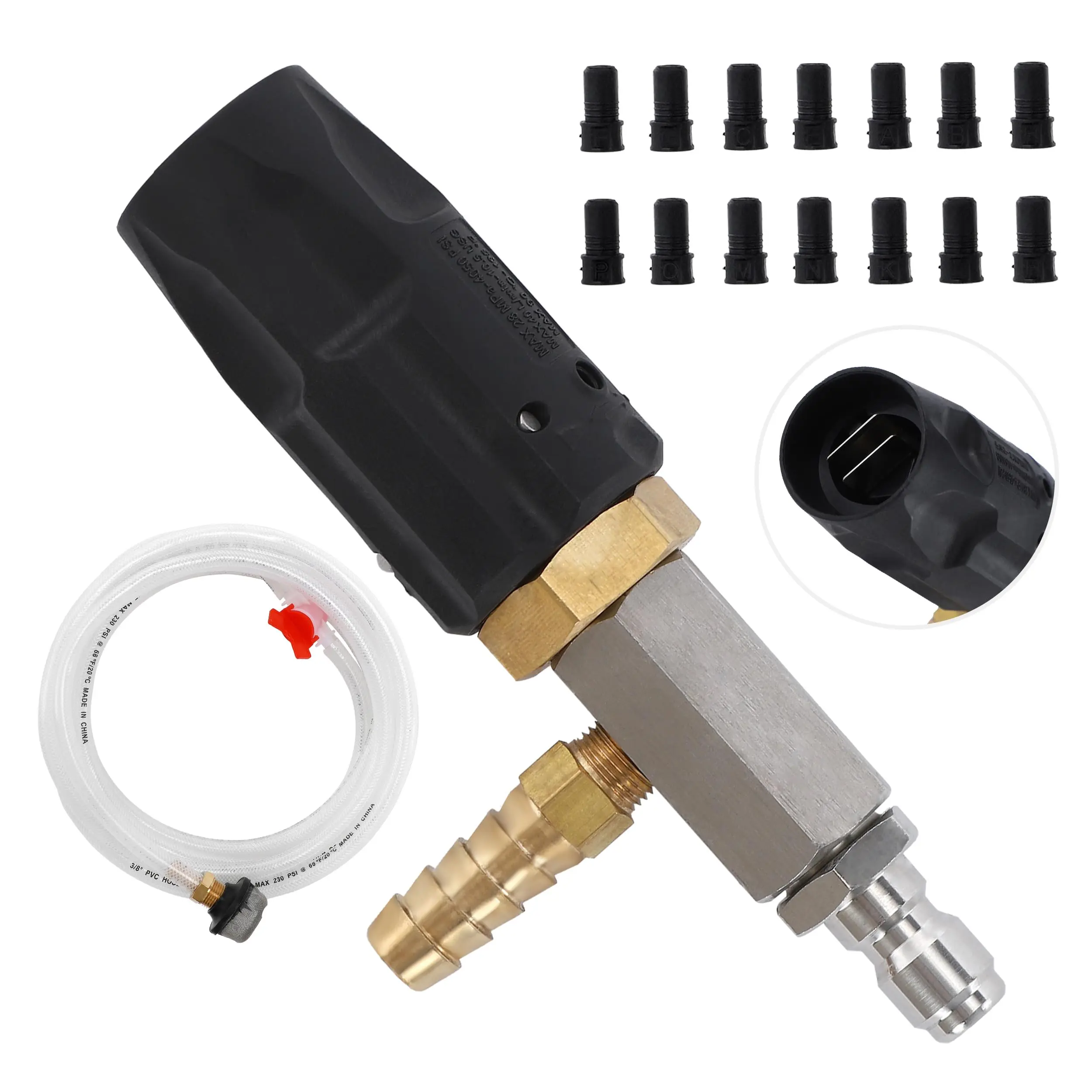 JOEJET Pressure Washer Downstream Injector Kit - Adjustable Chemical Injector, 1/4 in Quick Connect Long Range External Nozzle, 14 Black Coded Proportioners, M5 Twist, Adjustable Nozzle Head Watering Equipment for Car Washing Spray, Save Time & Effort