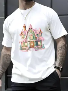 100% Cotton Unisex Pastel Gingerbread House Graphic For Women Cute Christmas T-Shirt,spring/autumn Christmas snowflake fun pattern men's T-shirt