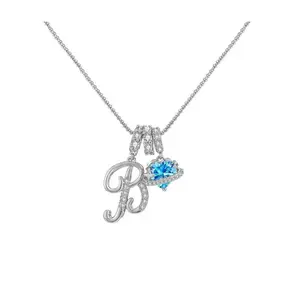 HBXL1022 Personalized Cursive Initial Necklace for Women, Letter A-Z Pendant with Dainty Blue Heart Saturn Charm, Celestial Alphabet Jewelry Birthday Gift for Girls