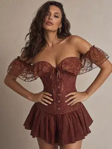 2026 Sexy Off Shoulder Lace Corset Top For Women Womenswear Caramel Brown Vintage Jacquard Adjustable Boned Waist Trainer Shapewear Front Lace Up For Club Party Date Night Daily Wear Y2K E-Girl Outfit