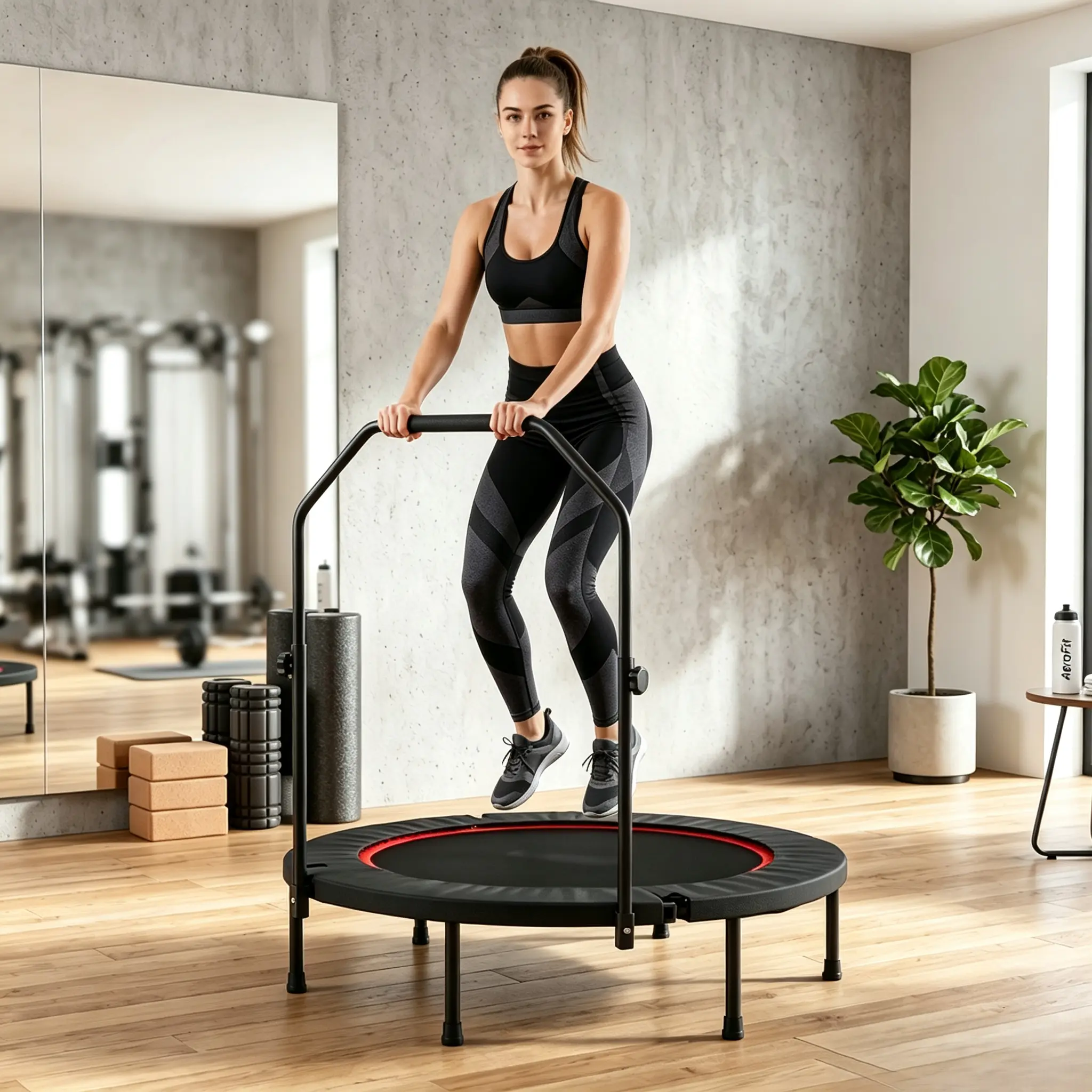 40-Inch Spring Type Heavy Duty Trampoline for Adults, 3-Level Adjustable Handle, Foldable & Portable, Non-Slip Safety Design Foam Handle, Indoor Outdoor Home Gym Workout Equipment, 450LBS Max Load Trampoline With Handle