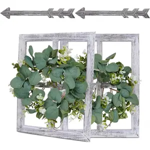 Rustic Wood Window Frame with Green Wreath and Arrows Wall Decor,Farmhouse Window Frame Hanging Decor, Wooden Fake Decoration,Window Pane Wall Decor,Set of 2 (White)