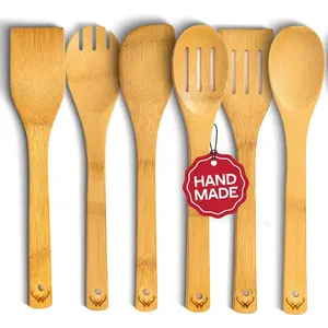 6 Pcs Bamboo and Wooden Spoons for Cooking-Eco-friendly Wood Kitchen Utensils Set - Heat-resistant Wooden Utensils for Nonstick Cookware, Lightweight Spatula Set