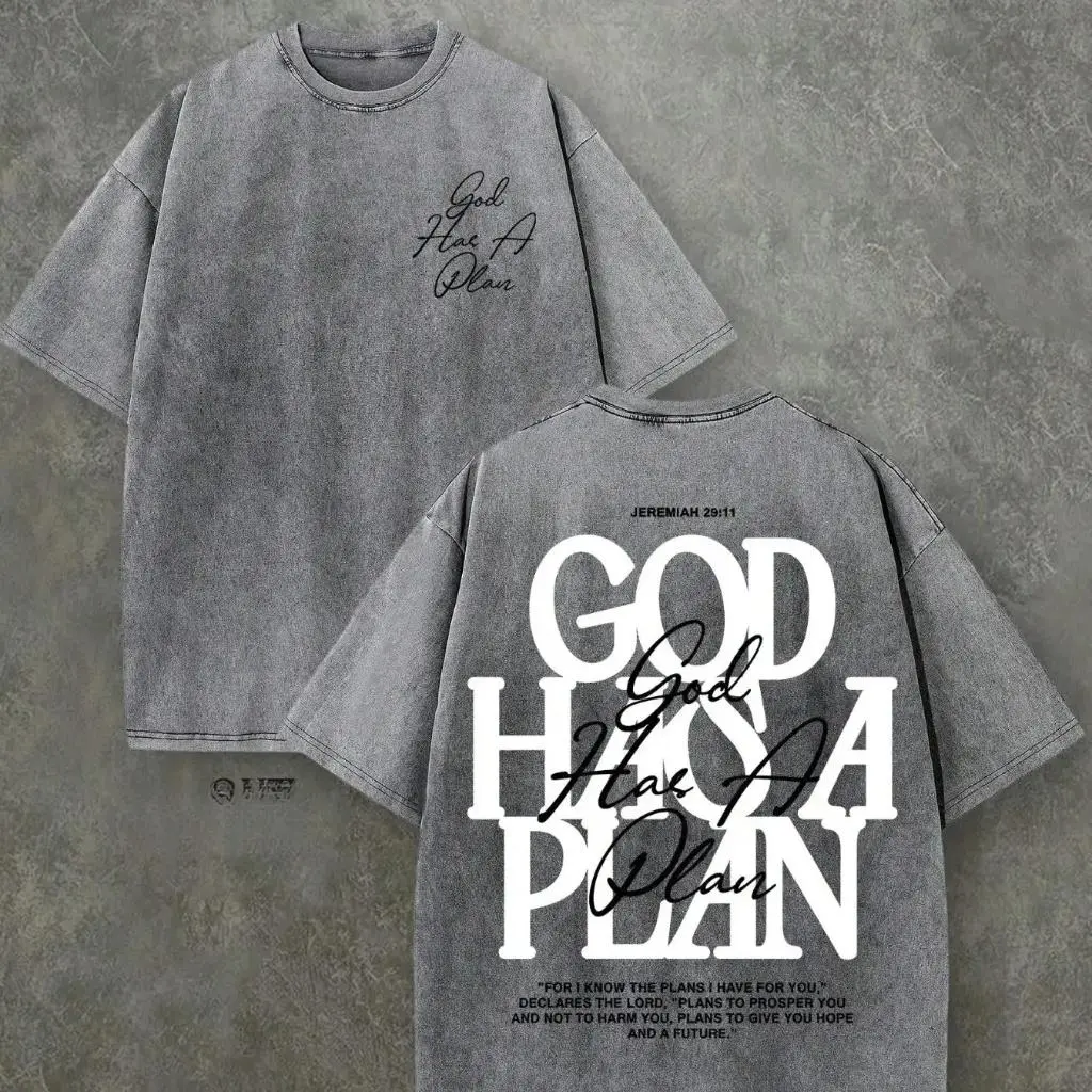Trendy Vintage Washed Christian T-Shirt - God Has A Plan (Jeremiah 29:11) Oversized Front & Back Graphic Tee | Faith-Based Apparel Perfect for Spring & St. Patrick's Day Clothes Cotton Menswear Top Aesthetic Classic Fashion Garment
