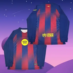 25 26 Home Red And Blue Long Sleeve Soccer Jersey Fans Version T