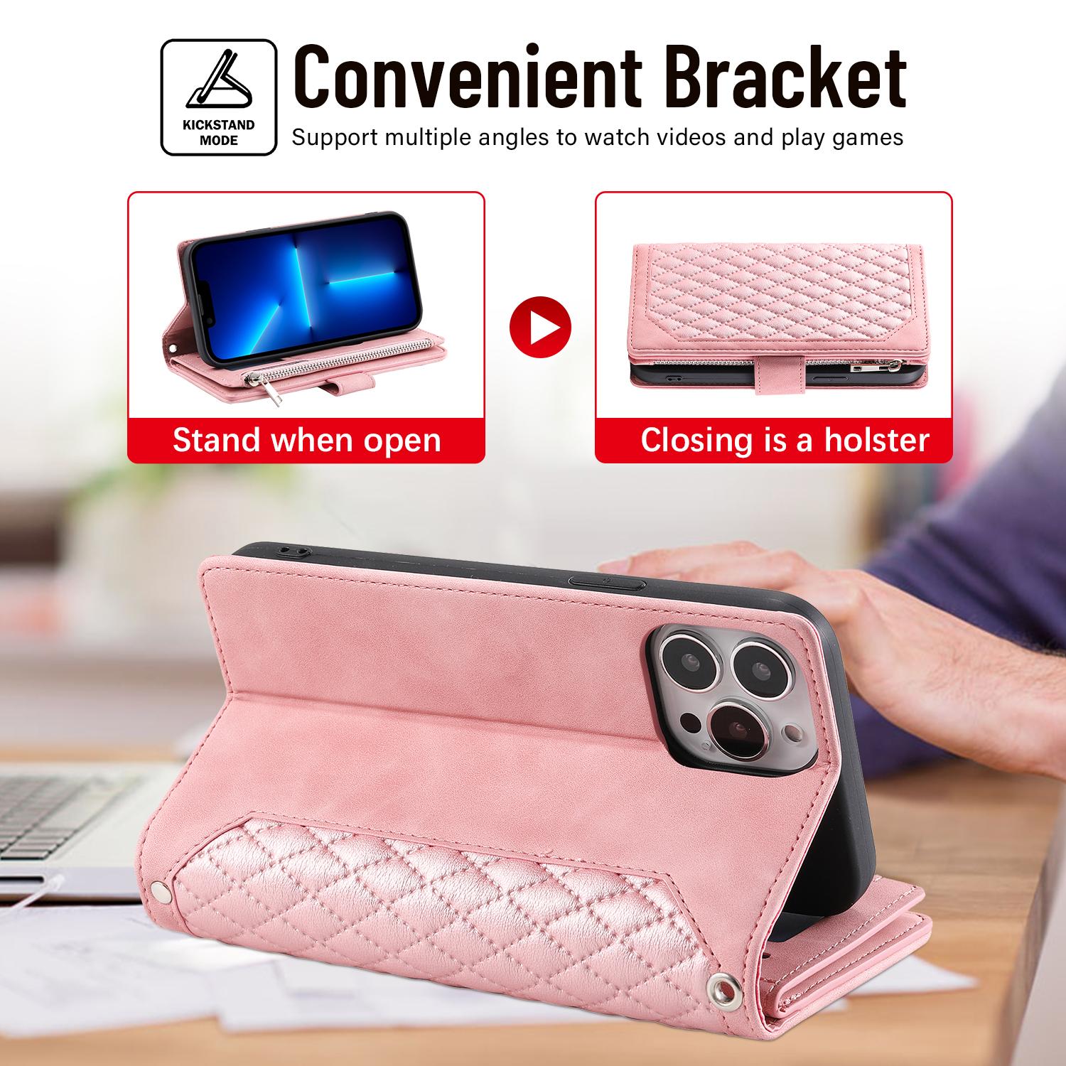 Wallet Case For iPhone 17 16 15 14 13 12 11 Pro Max, PU Leather Phone Case with Card Holder Kickstand & Wrist Strap Cover Magnetic Closure Flip Handbag Zipper Purse Shell for Women Girls