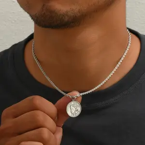 1pc Stainless Steel Coin Human Head Pendant Necklace For Men - Unique Design - Stylish & Durable - Perfect Gift for Men