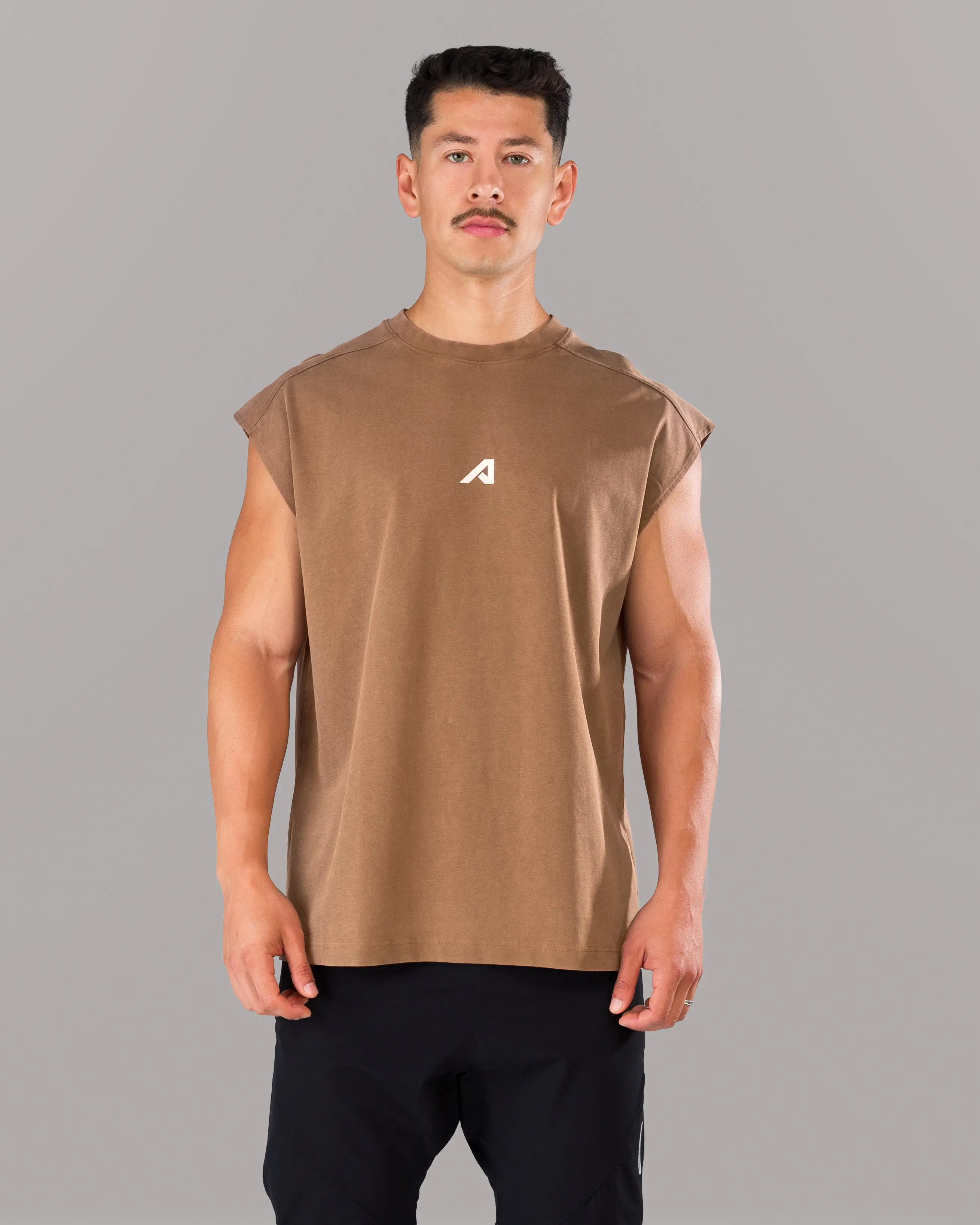 Alphalete Men's Union Mineral Cutoff - Brown, Gym Stringer Tank, Breathable Mesh, Oversized Fit, Heavyweight, Cotton Blend, Sleeveless Workout Shirt