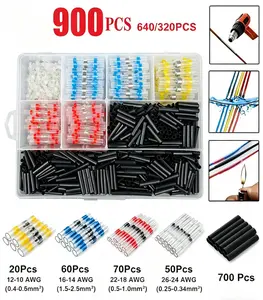 Solder Seal Wire Connectors Heat Shrink Butt Splice Kit, 900/640/320Pcs Waterproof Insulated Solder Sleeves, Electrical Terminals Tools for Marine Automotive Wiring Repair, Cable Maintenance Supplies