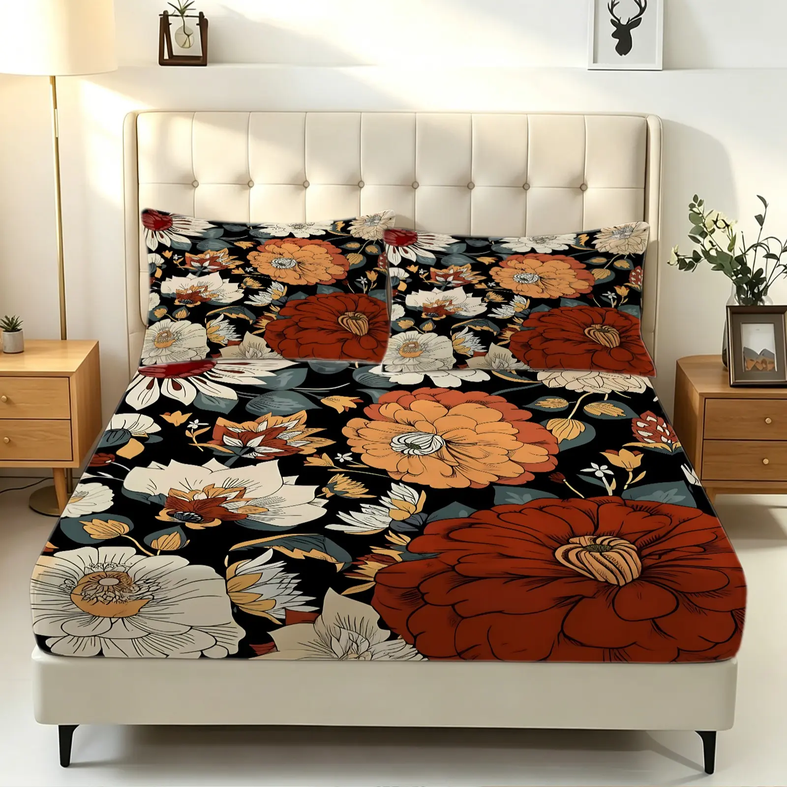 3Pcs Bohemian Floral Fitted Sheet Set, Floral Sheets, No Fillers Polyester Bedding Set with Pillowcases, Vintage Botanical Print Bed Sheet Set, Soft Deep Pocket Decorative Bedding for Adults Teens Bedroom, All-Season Boho Style