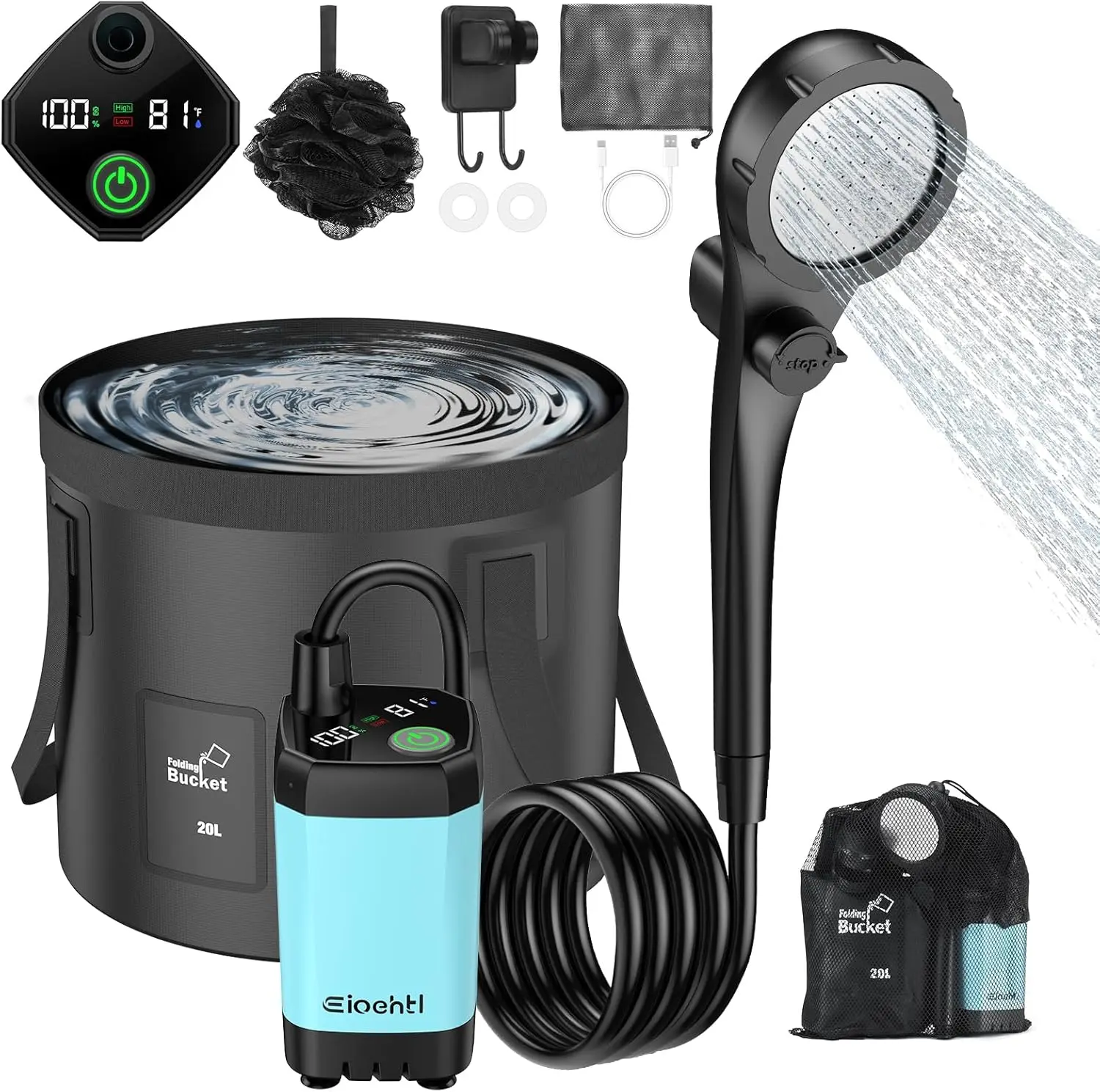 Rechargeable Portable Camping Shower – 6000mAh Battery, 150 Mins Runtime, LED Display, 3 Spray Modes + 5-Gallon Collapsible Bucket