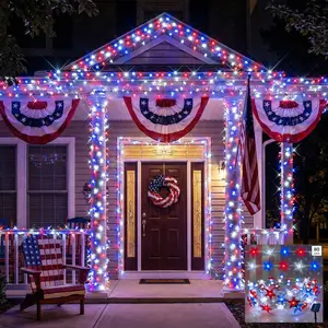 Set of Solar-Powered 80LED Red, Blue, and White Star-Shaped Copper Wire Lights – Independence Day Decorative Lights, Outdoor Waterproof. Perfect for Independence Day decorations, weddings, patios, gardens, camping, and party setups.