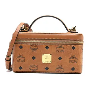 MCM Rockstar Visetos Monogram Leather Box Bag with Detachable Strap for Women in Brown and Cognac