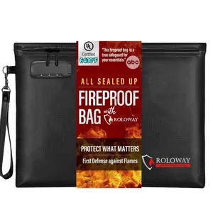 ROLOWAY Fireproof Document Bag (14.5 x 11.5 inch) - 6400℉ Fireproof Money Bag with Zipper, Fire Safe Cash Pouch, Smell Proof Lock Bag (Black)
