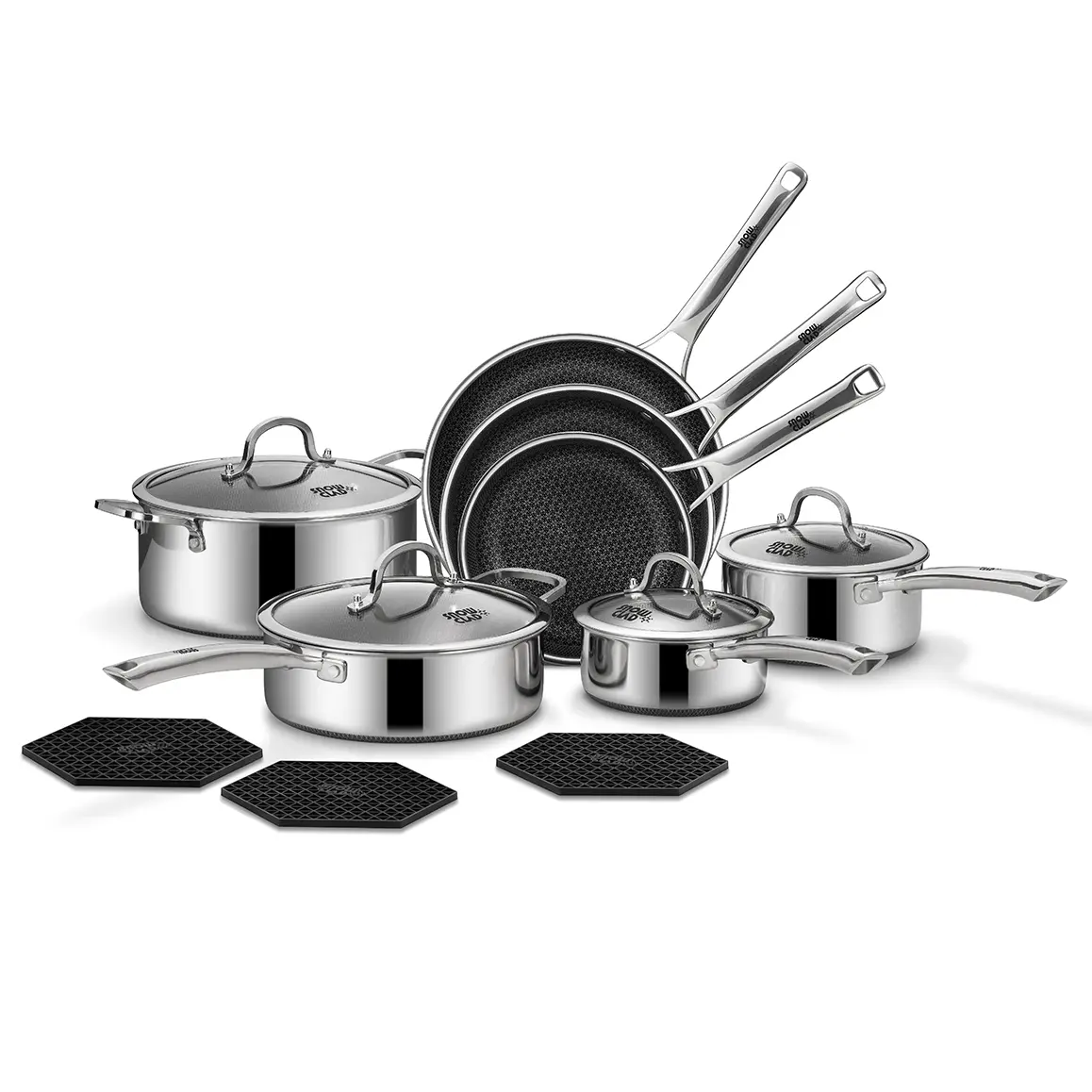 SNOWCLAD 14-Piece Thermal Hybrid Nonstick Steel Cookware Set with Lids, Frying Pans & Saucepan, Induction Compatible, Oven & Dishwasher Safe, PFOA-Free Pots and Pans Set