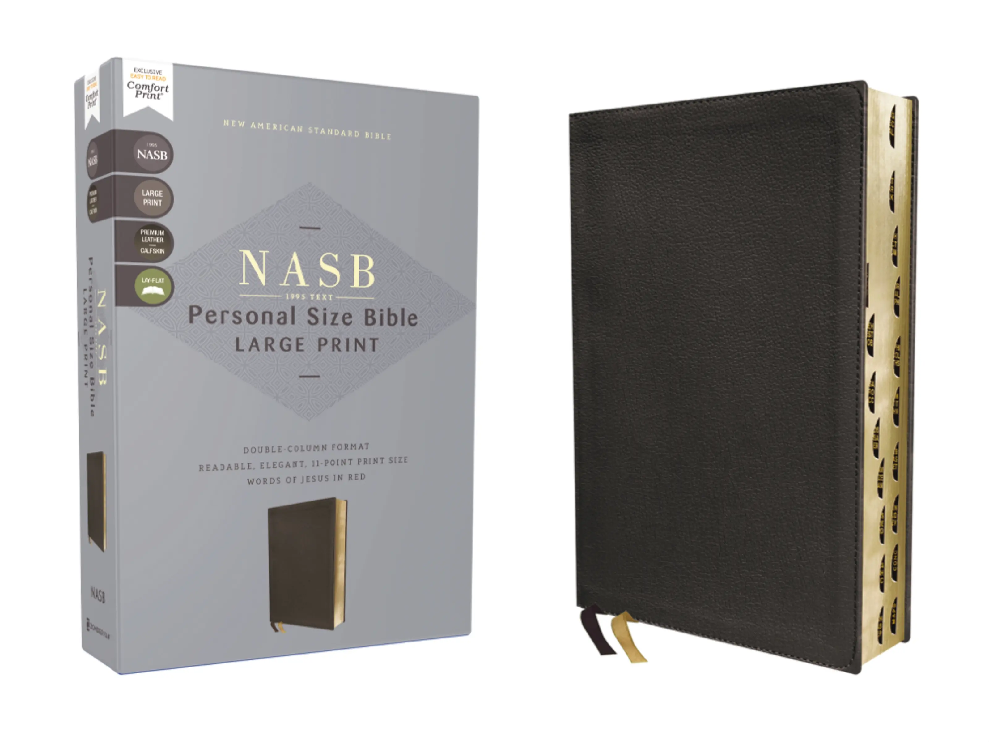 NASB, Personal Size Bible, Large Print, Genuine Leather, Calfskin, Black, Red Letter, 1995 Text, Thumb Indexed, Comfort Print by Zondervan [Leatherbound Book]