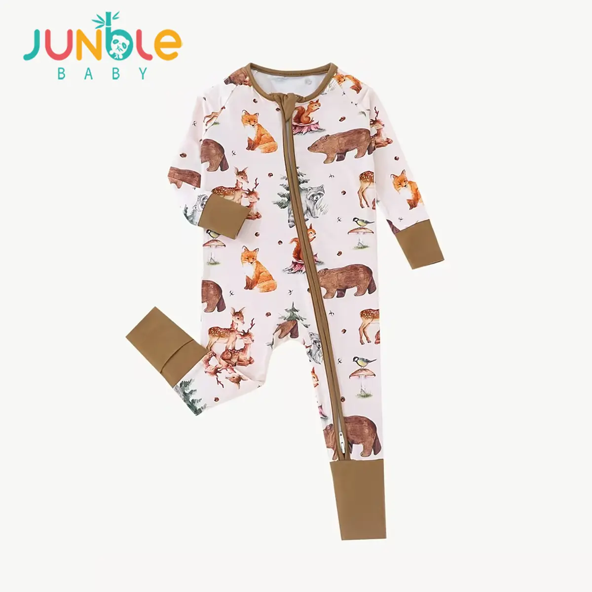 JUNBLEBABY Unisex Bamboo Blend Romper Suit, Premium Soft Fibers Animal Print Outfit, Long Sleeve Sleepwear with Convertible Feet & 2-Way Zipper, Woodland Fox Bear Deer Pajamas